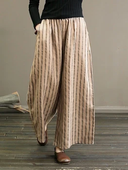Свободни дамски панталони на райета, есен 2023, прави панталони с висока талия, 5XL, домашни памучни панталони с еластичен ластик на талията
