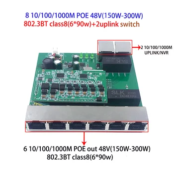 8-портов 10/100/1000 М POE 48 (150 W-300 W) 802.3 БТ class8 (90 Вата.6) с 2 порта NVR възходящата връзка 1000 М