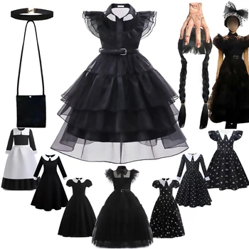 Костюми за cosplay Wednesday Addams за малки момичета, детски черни мрежести готически рокли, карнавальная облекло за парти на Хелоуин, детски рокли