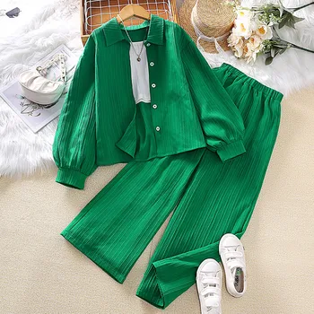 Есенни комплекти дрехи с дълъг ръкав за малки момичета, зелени блузи и панталони, комплект дрехи от 2 теми за момичета на 8, 10, 11, 12 години, детски дрехи