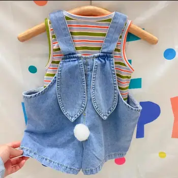 Комплект бебешки дрехи за малките момичета, топ райе + сладко цветно джинсовое рокля-прашка, комплект от две части, летни 2023