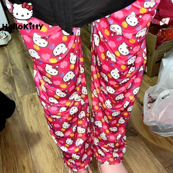 Sanrio Hello Kitty, Панталони Оверсайз, Нови Пролетно-Есенни Свободни Панталони, Сладки Плюшени Ежедневни Панталони Y2k За Жени, Утепленная Домашно Облекло