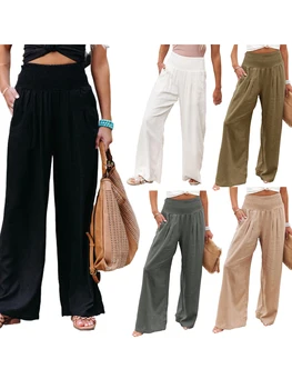 Летни дамски свободни дълги панталони, женски стил за отдих, обикновена плажни широки панталони с висока талия и рюшами, с джоб