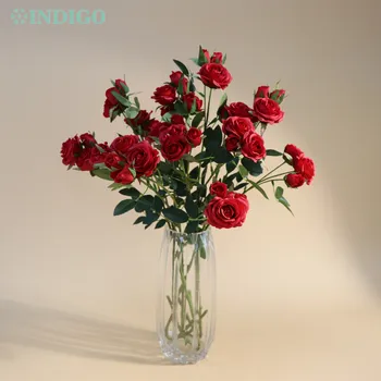 Копринени цветя индиго-Червена Роза за Сватбена украса, Изкуствени цветя за показване на събития и партита, 9 Цветни стъбла, 5 бр.