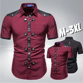 Модни нови мъжки ризи в стил пънк, мъжки ризи с къс ръкав в готически стил с нитове, ежедневни мъжки удобни летни ризи