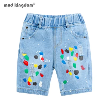 Дънкови шорти Mudkingdom за големи момчета, цветни графити, скъсани дънкови къси панталони с дължина до коляното за детски дрехи, серво джоба еластичен колан
