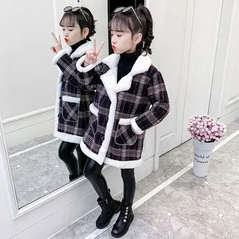 Есенно-зимни вълнени палта със средна дължина за момичета, детски мода, плюс мек вълнен плат отложной яка, връхни дрехи за момичета от 3 до 12 години