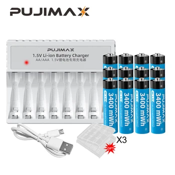 PUJIMAX Акумулаторна Литиева Батерия AA1.5V 3400mWh + 8-слотное Интелигентно Зарядно Устройство С кабел Micro USB За Будилник Flashligh