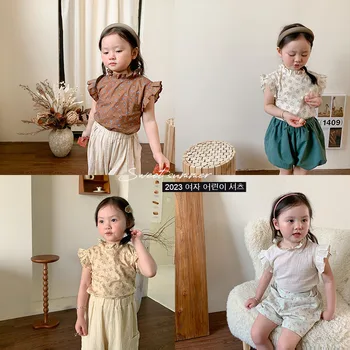2023, Корейски блуза за момичета, модни дрехи за момичета с кружевными ръкави и принтом, лятна тънка дишаща жилетка за момиче от 1 до 6 години