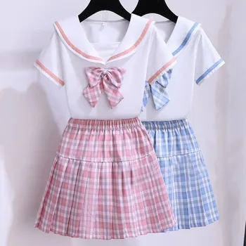 Японската училищни униформи, комплект детски дрехи за момичета, костюм с пола в клетката, летен костюм за студенти, къс ръкав, комплекти от 2 теми
