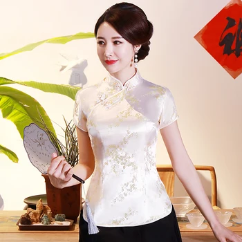 Китайски традиционен женски топ големи размери 3xl 4xl, блуза, сатен риза на цветчета, реколта ризи ръчен труд копчета, костюм с къс ръкав