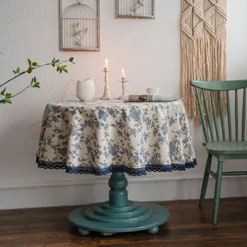 Реколта кръгла покривка бельо от памучен плат с цветен модел синя роза, украсени с пискюли, за украса на кухненската маса за хранене, пиенето на чай