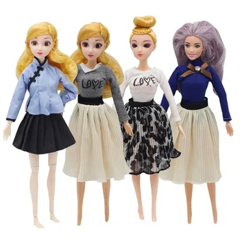 1 комплект модерен куклен рокли, многоцветен костюм, пуловер + плиссированная пола, ежедневни дрехи, аксесоари, облекло за кукли Барби