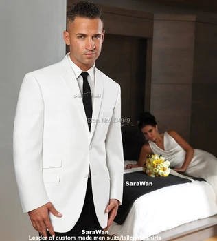 Изработена по поръчка смокинг за младоженеца, ушити по поръчка бели костюми с джоб за билети (джоб с капак) Terno Casamento, Сватбени костюми, ушити по поръчка