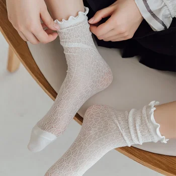 Дамски модни чорапи, нови пролетно-летни дълги бели дантелени памучни чорапи в ретро стил за момичета, ежедневни сладки чорапи дишащи