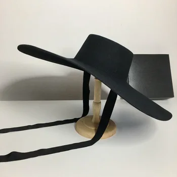 202306-nao-черен шик представяне на модел от черна вълна, филц с широка периферия 18 см, модни дамски фетровая шапка, дамски панама, джаз шапка