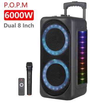 Двойна 8-инчов 6000 Вата, външна лоста количка Аудио караоке Partybox RGB Bluetooth високоговорител еквалайзер Цветни led пръстен с микрофон и дистанционно управление
