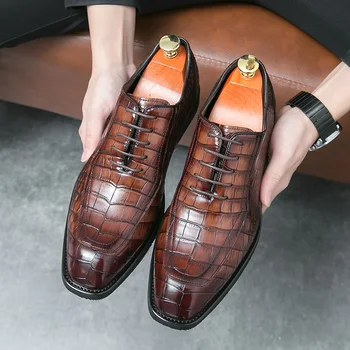 Оксфордские обувки в британския бизнес стил дантела, мъжки официални кожени обувки с квадратни пръсти, офис модела обувки PX071