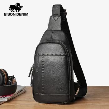 Мъжки нагрудная чанта през рамо от естествена кожа BISON DENIM, луксозна дизайнерска здрава чанта, ретро портфейл за почивка, чанта за пътуване