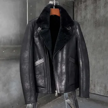 Нова мъжки дубленка B3, черно кожено яке, късо меховое палто, мотоциклетни паркове