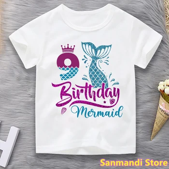 Тениска с графичен принтом русалка на 2-10 рожден ден за момичета, детски дрехи, забавна тениска принцеса, върхове Kawaii, детски дрехи