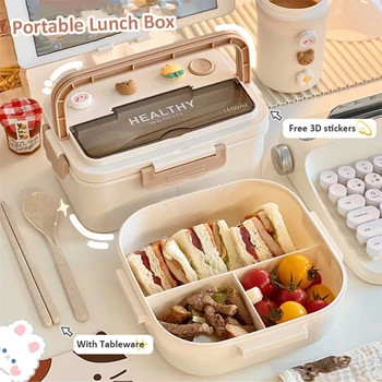Нова обяд-бокс Kawaii за момичета, преносим училищен пластмасов контейнер за bento за пикник с кабинета, контейнери за съхранение на храна в микровълнова фурна