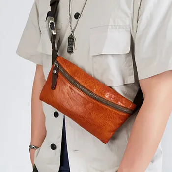 Кожена чанта на гърдите, мъжки мини чанта за колан в ретро стил, мода мъжка кожена чанта-месинджър