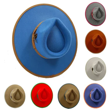 10 см фетровая шапка 2023 пролетно мек восъчен шапка монохромен с голяма периферия за мъже и жени, с лък на пера, Панама с широка периферия, сомбреро