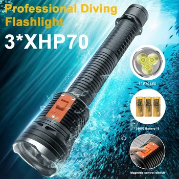 3 * XHP70 Мощен Фенер За Гмуркане, Професионален Водоустойчив Подводен 12 В В Силна Светлина се Използва 3 *26650 За Риболов, Къмпинг
