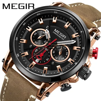 Мъжки часовник MEGIR от най-добрите на марката, луксозни кожени водоустойчиви спортни многофункционални кварцов часовник с хронограф дата, мъжки Relogio Masculino