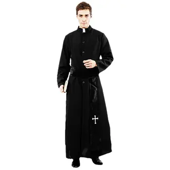 Umorden Възрастен черен костюм благороден свещеник, мъжки костюми религиозен пастор, баща, Хелоуин, Пурим, парти, Mardi Gras, костюмиран