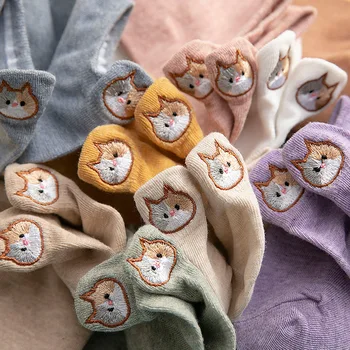 Anewmorn Памучни чорапи-лодка с сладък котка, дамски чорапи с мультяшными уши и бродерия върху петата, Ins Fashion Kawaii Animal Момиче Sokken