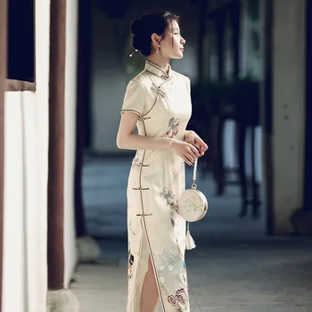 Традиционен китайски стил Чонсам с флорални принтом, тънка секси парти, винтажное елегантна рокля ципао ръчно изработени копчета за жени