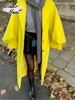Жена однотонное вълнена палта с ревери-фенерчета и дълъг ръкав, есен луксозно палто с цепка отзад 2023, зимни дамски свободна градинска дрехи за пътуване