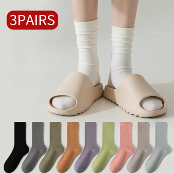 3 чифта/комплект женски памучни чорапи с високо качество, меки монофонични дишаща пролетно-есенния женски дълъг чорап със средна тръба, удобен
