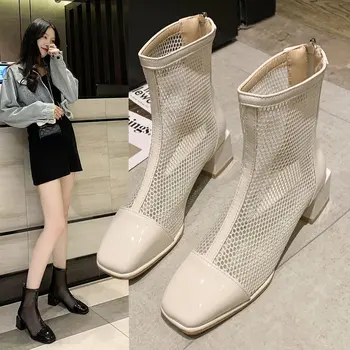 Удобни дишащи меш дамски модни обувки лятото на 2022, дамски ботуши с квадратни пръсти в ретро стил, модерни дамски обувки, новост