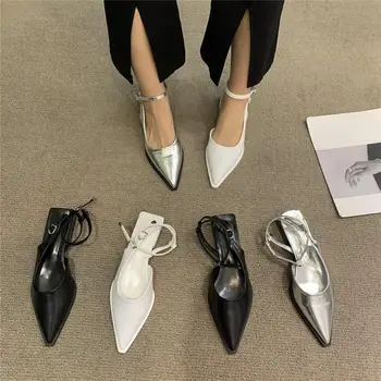 Нови пролетни дамски обувки-лодка с каишка и катарама 2023, лаконичен сандали-сандали с остри пръсти, елегантни обувки на тънък ниска пета