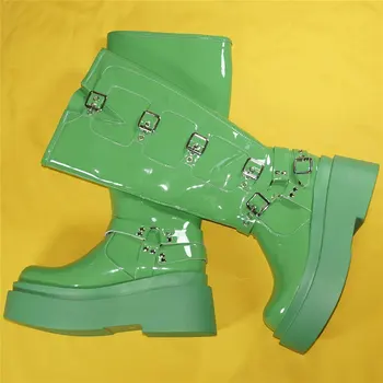Зелени обувки-лодка на висок ток и платформа, дамски обувки танкетке от лачена кожа, високи ботуши до бедрата, дамски модни обувки с кръгло бомбе, ежедневни обувки