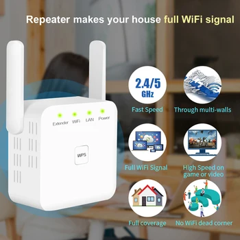 5G WiFi Ретранслатор, Усилвател Wi-Fi, Удължител Wi-Fi на далечни разстояния, 2,4 G, 5 Ghz, Сервоусилвател на мрежовия сигнал, Wi-Fi, 300 Mbit/s, Безжичен Wi-fi Ретранслатор
