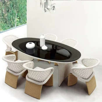Маси и столове на проста дизайнерски имитация на ратан градински двор, балкон, диван, мебели от ратан, комплект от ратан