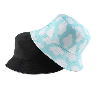 Лятна шапка от слънцето, обратими шапки-кофи с принтом на облаци, за жени, мъже, панама за момичета, плажна, градинска, рибарска шапка