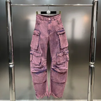 BORVEMAYS 2023 Есенни нови дънки в стил мозайка контрастни цветове с джобове и висока талия, модерни улични ежедневни панталони с прав штанинами