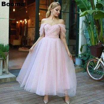 Booma светло розови рокли за бала трапецовидна форма с открити рамене, рокли за сватбеното парти в стила на сладко момиче с дължина до глезена, вечерни рокли за жени