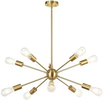 Полилей на 10 свещи от мат месинг, съвременно подвесное осветление средата на века, златен промишлен ретро тавана лампа Sputnik скрит монтаж