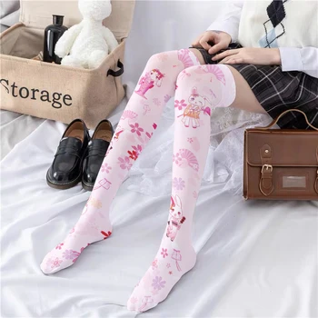 Красиви дамски чорапи над коляното, с анимационни герои, розово цвете заек, секси високи чорапи, двуизмерен японски модни чорапи за момичета