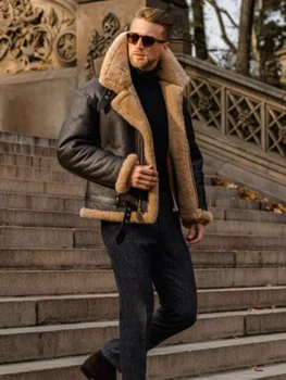 Модерен мъжки удебелена палто от изкуствена кожа цвят кафе с дълъг ръкав, зимно яке от изкуствена кожа, мъжко кожено яке, шопинг, стил, пънк