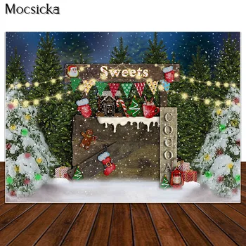 Коледен фон Уличната фотография в павилион с лакомства Зимна гора на Фона Коледно Подпори за детската портретна фотосесия