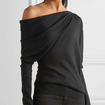 Onecozyday Възрастна жена асиметрична риза на едното рамо, върховете, пролет-лято, стилна черна ежедневна тениска с дълъг ръкав за жени