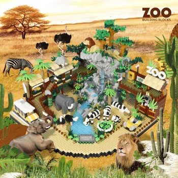 4800 бр., пуст зоологические градини, строителни блокове, гледка към улицата, Лъв, слон, модел Зебра, микро-мини тухлени играчка, подарък за дете