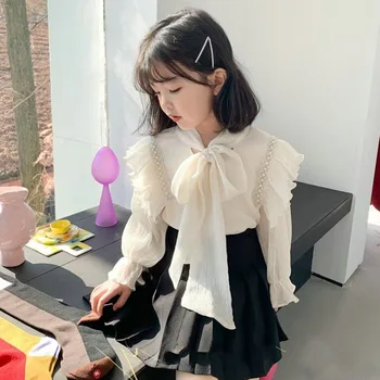 2023 Корейски детски обикновена елегантни ризи и блузи принцеса с дълги ръкави за деца от 2 до 7 години, памучни детски блузи